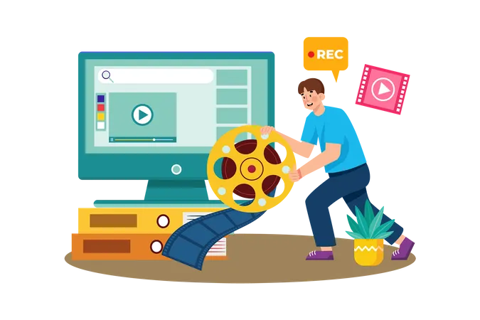 Video marketer optimizing video content for search engines  Illustration