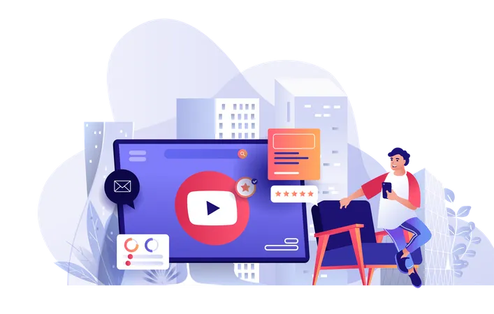 Video Marketing Scene Man Creates Content Huge Computer Screen With Play Button Promotion Seo Optimization Business Strategy Concept Vector Illustration Of People Characters In Flat Design Illustration