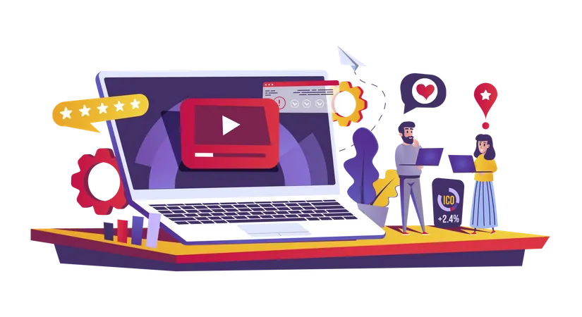 Video Marketing Web Concept In Flat Style People Create And Posting Video Content Promote Seo Optimization Development Strategy Scene Vector Illustration Of Cartoon Characters For Website Design Illustration