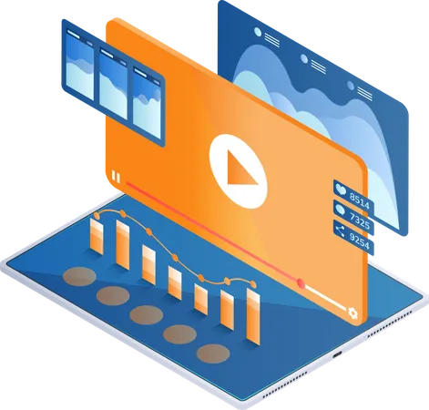 Video De Banner Web Isometrico 3 D Con Boton Reproducir Y Analisis De Datos En Tableta Concepto De Marketing De Video Ilustración