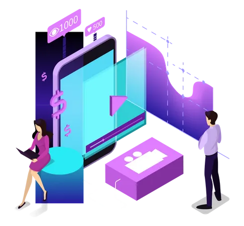 Video Marketing Concept Advertising In Internet Through Video Content Advertisement In Social Network Isolated Vector Isometric Illustration イラスト