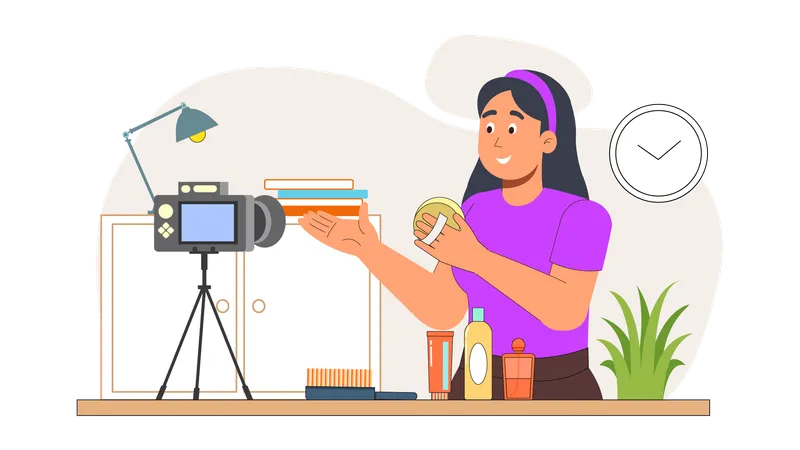 Influenciador de beleza filmando vídeo de produto  Illustration