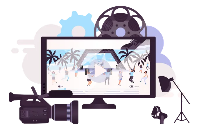 Event Video Production Flat Concept Icon Videography Photography And Filmmaking Sticker Clipart Live Concert Shooting And Broadcasting Isolated Cartoon Illustration On White Background Illustration