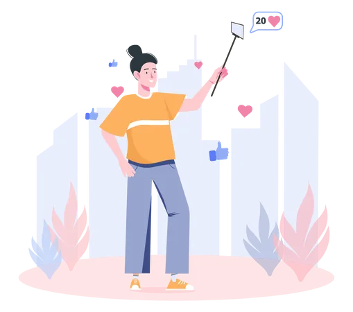 Video Streaming Concept With People Scene In Flat Cartoon Design Girl On The Street Records A Stream And Gets A Lot Of Likes Vector Illustration Illustration