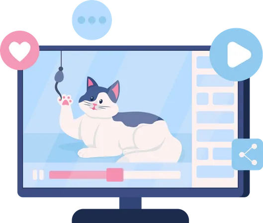 Video with funny cat on computer screen  Illustration