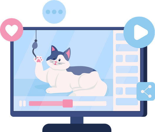 Video with funny cat on computer screen  Illustration