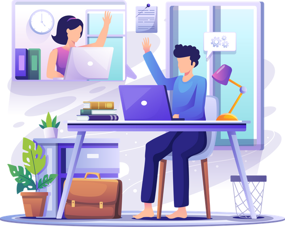 Videoconferencia entre hombre y mujer desde casa  Ilustración