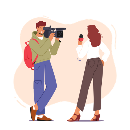 Videographer Cameraman with Female Journalist  Illustration