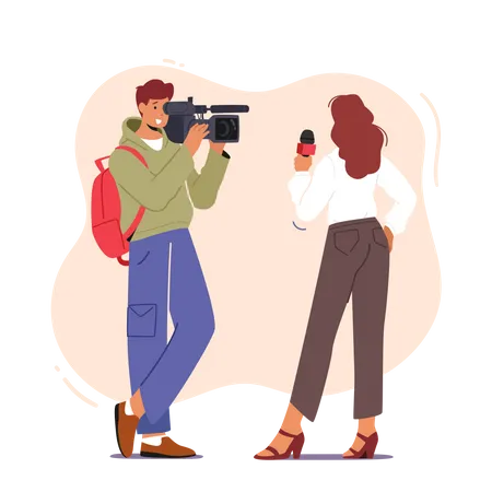 Videographer Cameraman with Female Journalist  Illustration