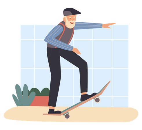 Vieil homme faisant du skateboard  Illustration