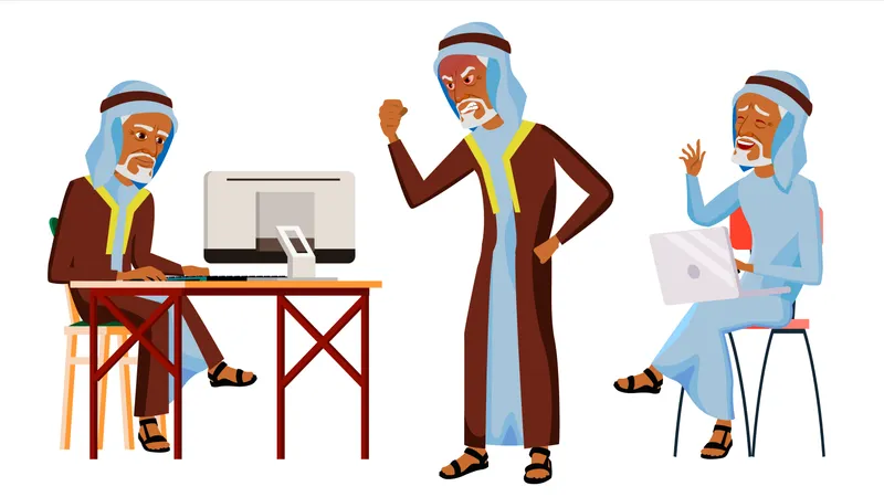 Vieil homme arabe travaillant au bureau avec un geste de travail différent  Illustration