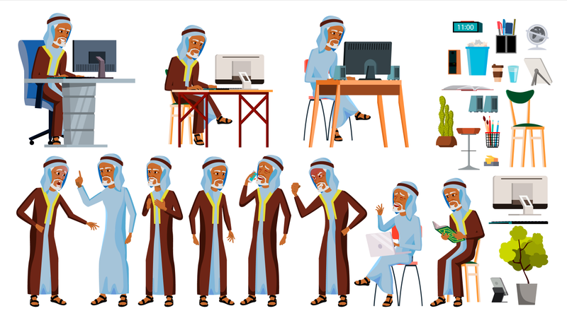 Vieil homme arabe travaillant au bureau sur le bureau  Illustration
