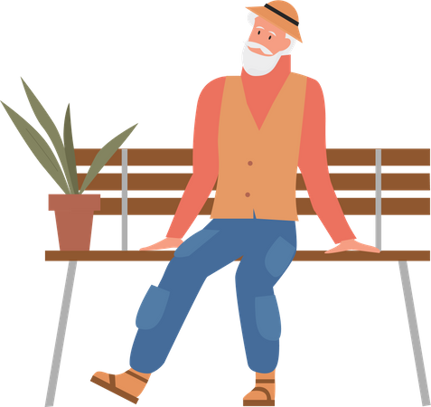 Vieil homme assis sur un banc en bois  Illustration