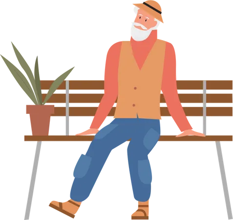 Vieil homme assis sur un banc en bois  Illustration