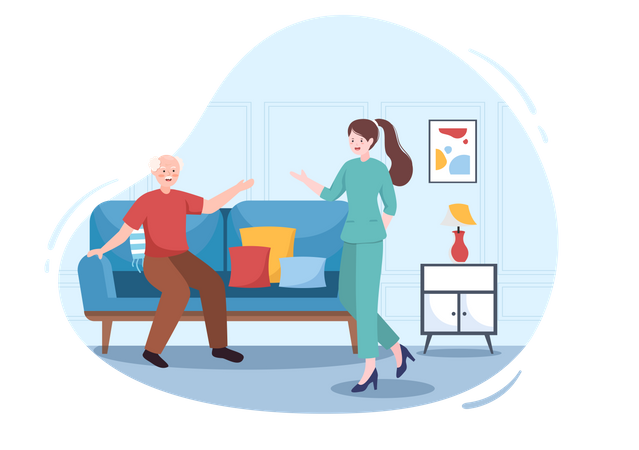 Vieil homme assis sur un canapé et infirmière prenant soin  Illustration