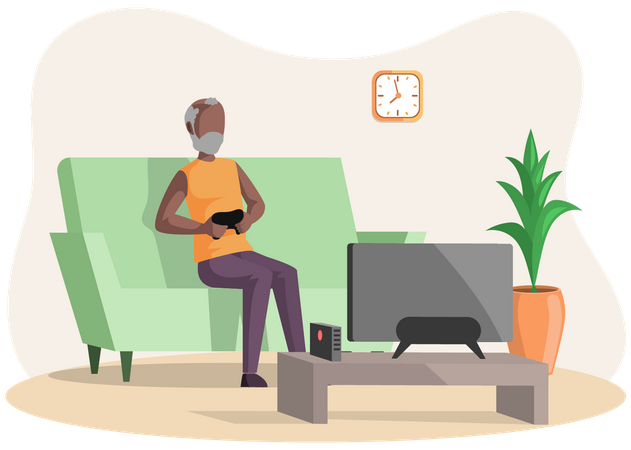 Un vieil homme assis sur un canapé joue à des jeux vidéo à la télévision  Illustration