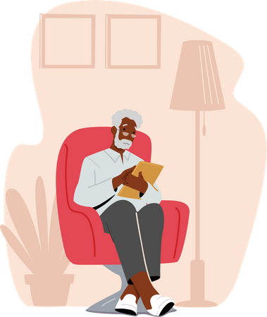 Vieil homme assis sur un fauteuil en lisant un livre  Illustration