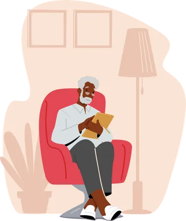 Vieil homme assis sur un fauteuil en lisant un livre  Illustration