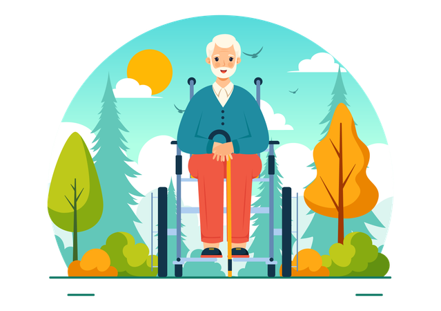 Vieil homme assis sur un fauteuil roulant dans le parc  Illustration