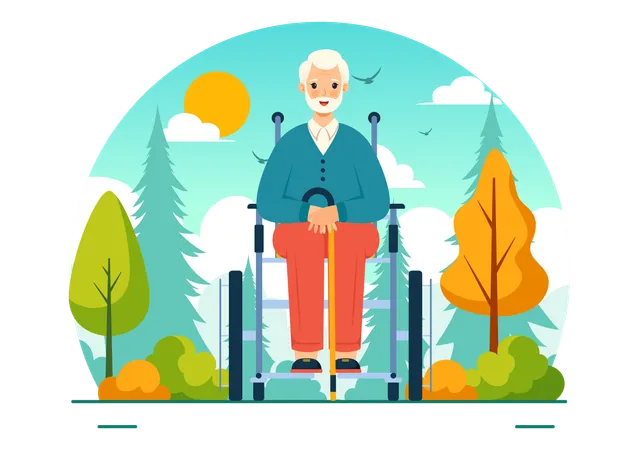 Vieil homme assis sur un fauteuil roulant dans le parc  Illustration