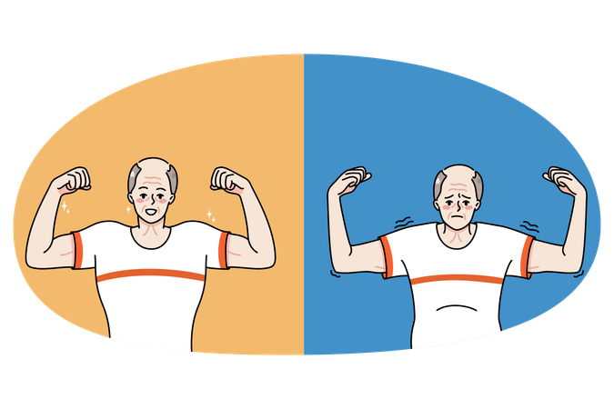 Vieil homme avant et après l'activité physique  Illustration