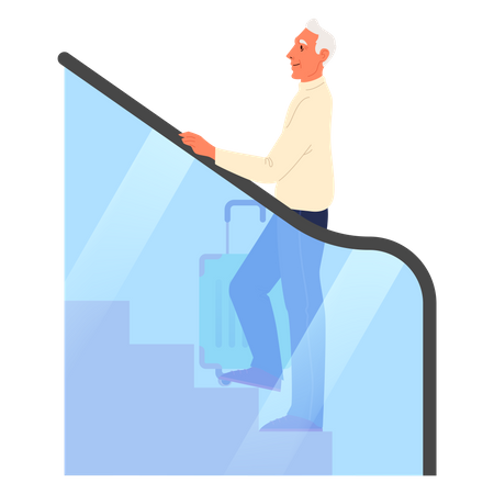 Vieil homme debout sur un escalator à l’aéroport  Illustration