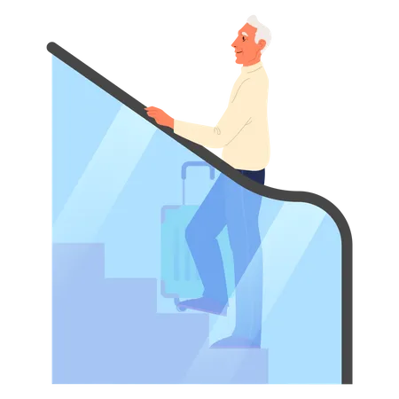 Vieil homme debout sur un escalator à l’aéroport  Illustration