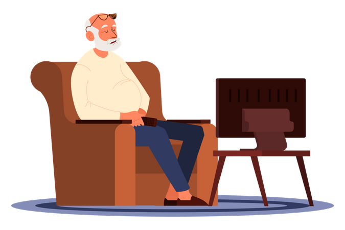 Vieil homme dormant sur un fauteuil en regardant la télévision  Illustration