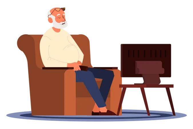 Vieil homme dormant sur un fauteuil en regardant la télévision  Illustration