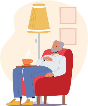 Vieil homme dormant sur un fauteuil tout en prenant une tasse de café  Illustration