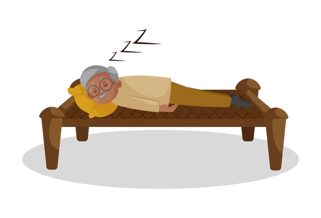 Vieil homme dormant sur un lit tissé  Illustration