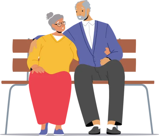 Vieil homme et femme assise sur un banc  Illustration