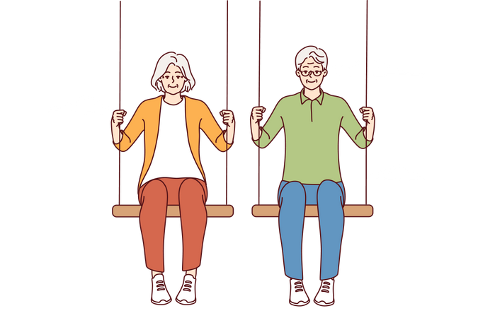 Vieil homme et femme assise sur une balançoire  Illustration