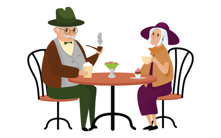 Vieil homme et femme au café  Illustration