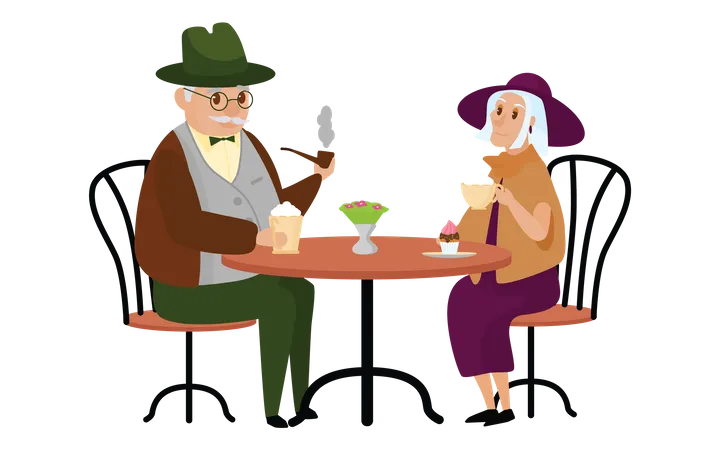 Vieil homme et femme au café  Illustration