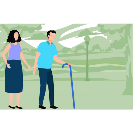 Vieil homme et femme marchant dans le parc  Illustration