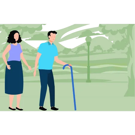 Vieil homme et femme marchant dans le parc  Illustration