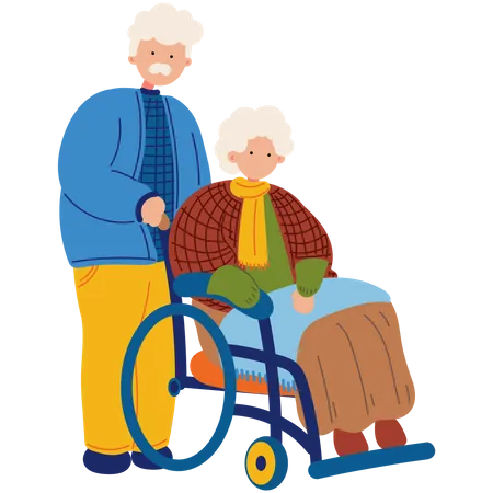 Vieil homme et vieille femme en fauteuil roulant  Illustration