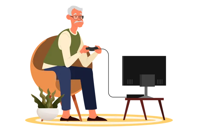 Vieil homme jouant à des jeux vidéo  Illustration