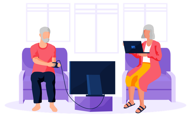 Vieil homme jouant à un jeu vidéo et femme âgée travaillant sur un ordinateur portable  Illustration