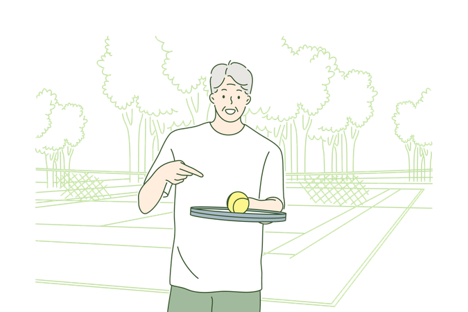 Vieil homme jouant au tennis.  Illustration