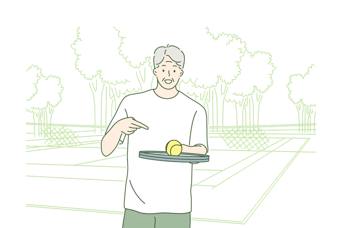 Vieil homme jouant au tennis.  Illustration