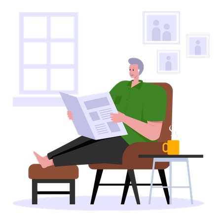 Vieil homme lisant le journal assis sur un fauteuil  Illustration