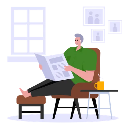 Vieil homme lisant le journal assis sur un fauteuil  Illustration