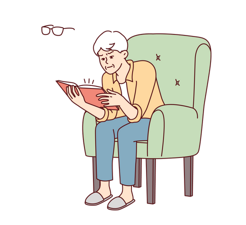 Vieil homme lisant un livre sur un fauteuil  Illustration