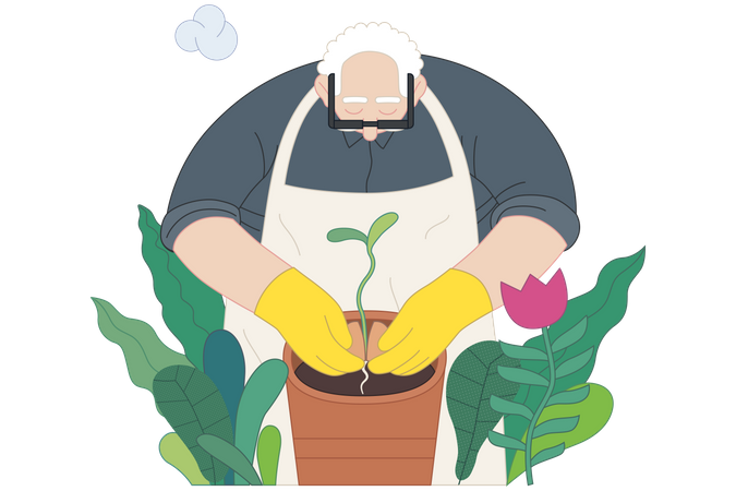 Vieil homme plantant une plante sœur dans le pot  Illustration