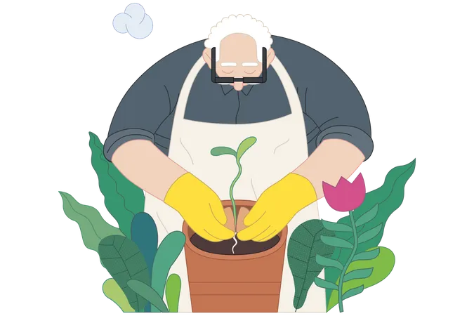 Vieil homme plantant une plante sœur dans le pot  Illustration