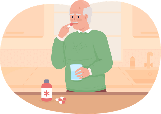 Vieil homme prenant des médicaments à la maison  Illustration