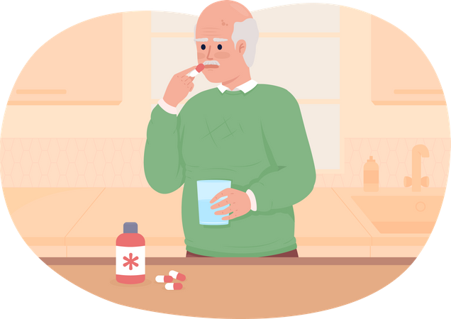 Vieil homme prenant des médicaments à la maison  Illustration