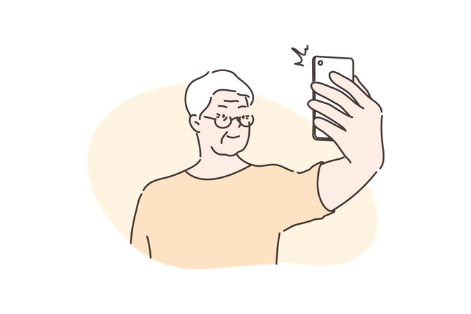 Vieil homme prenant un selfie sur mobile  Illustration